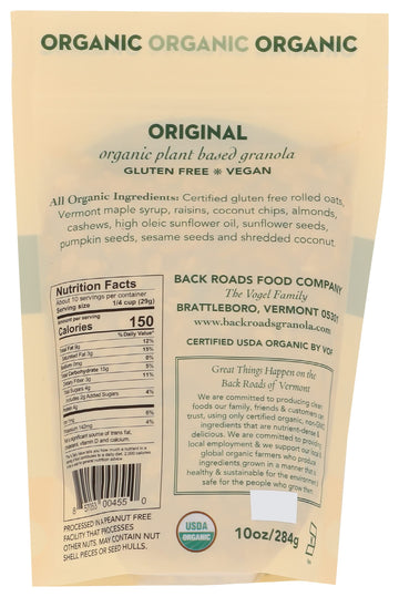 BACK ROADS Organic Granola, Original Flavor, 10 Ounce - Healthy Snack, Non-GMO, Gluten-Free, Perfect for Breakfast or On-the-Go