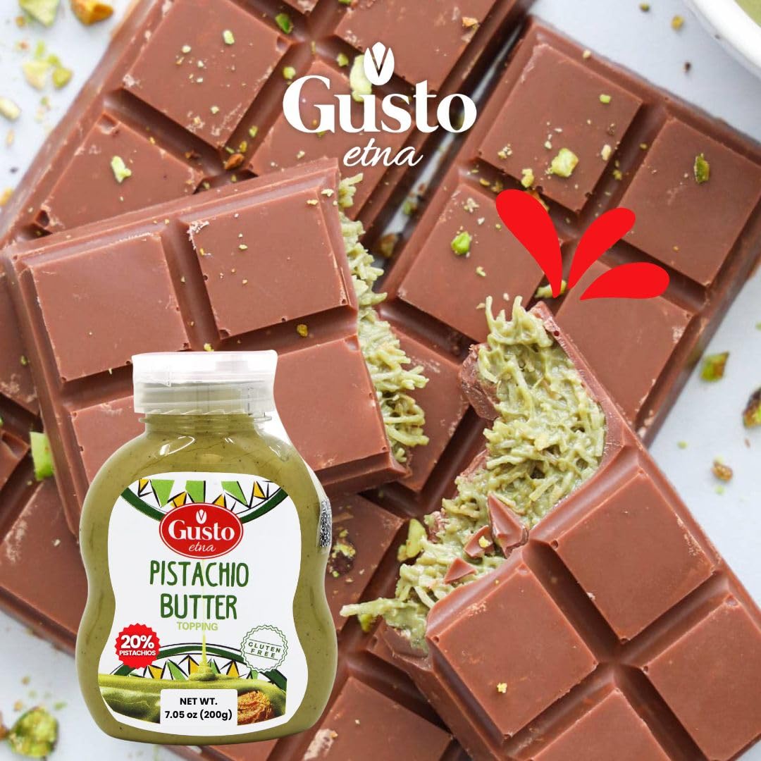 GUSTO ETNA Pistachio Cream/Butter  Squeeze Botttle 200 g (7.05 oz)  Sicilian Pistachio Cream  Ideal for coffee  desserts  Pancakes  gelato  tostadas and more  Product of Italy