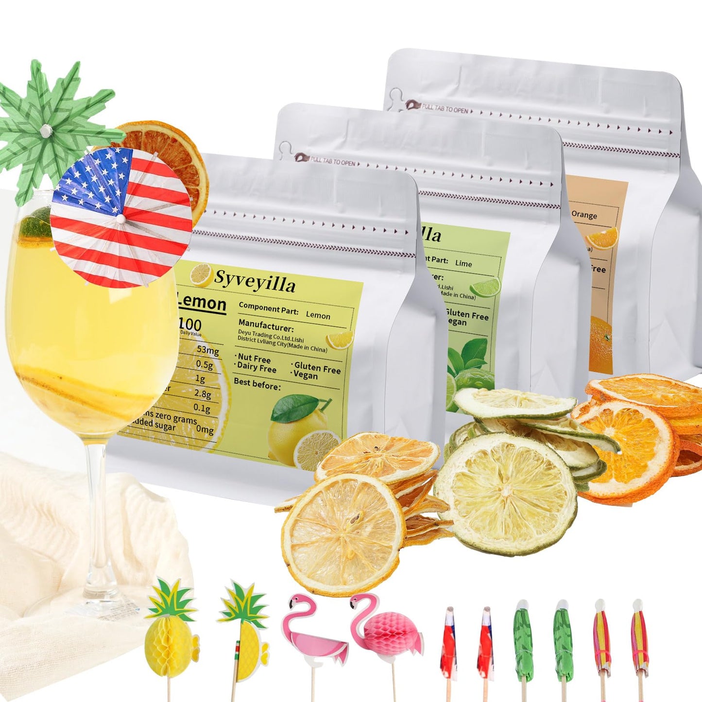 Syveyilla Dehydrated Fruit Slices Cocktail Garnish Set - Dried Orange, Lime, Lemon, 255g/9oz, Includes 10 Drink Umbrella Picks
