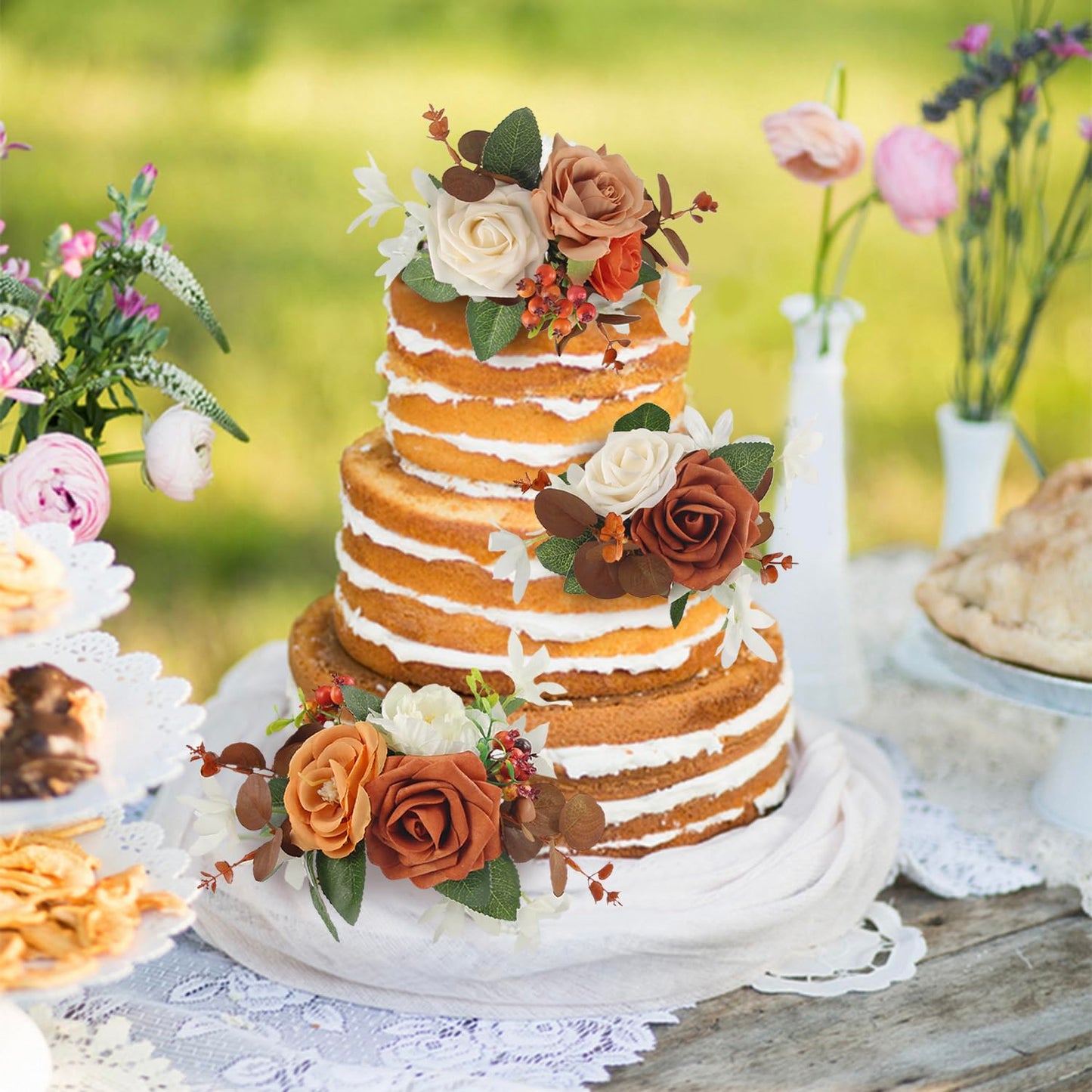 Rinlong 3Pcs Cake Topper Set Artificial Flowers For Cake Decor Burnt Orange Fall Wedding Cake Decorating Flowers For Baby Shower