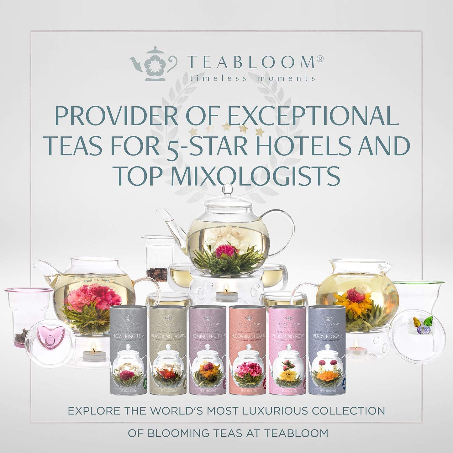 Teabloom Heart-Shaped Flowering Teas - 12 Assorted Blooming Tea Flowers - Green Tea + Jasmine, Pomegranate, Strawberry, Rose, Li