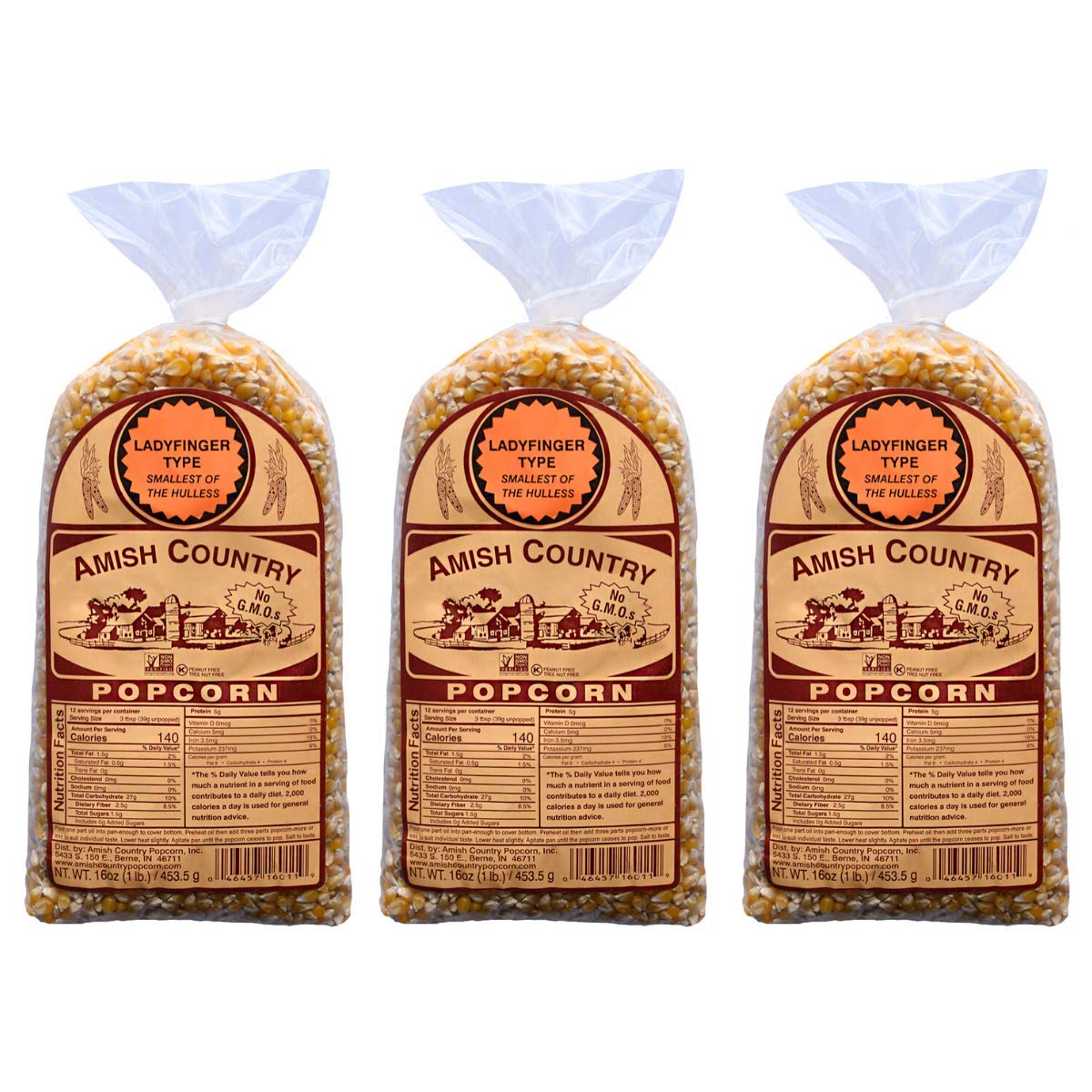 Amish Country Popcorn | 3-1 Lb Bags | Ladyfinger Popcorn Kernels | Old Fashioned, Non-Gmo And Gluten Free