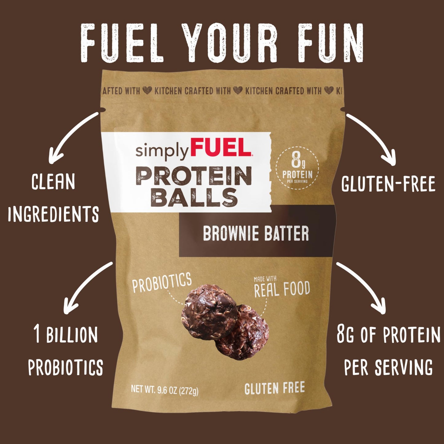 simplyFUEL Whole Food Protein Balls - Brownie Batter - 8g Protein - Gluten Free - 12 Count Pack