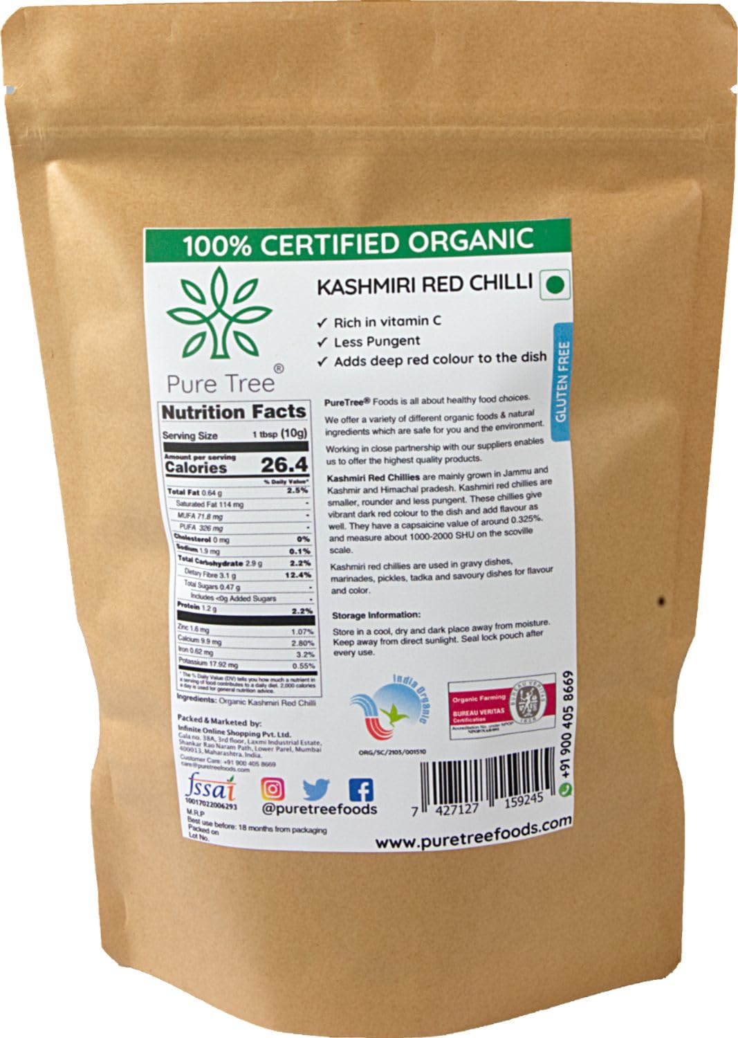 Pure Tree Certified Organic Kashmiri Lal Mirch | 200 G | Red Chilli Whole | Sabut Lal Mirch | Kashmiri Chilli Lal Mirch Whole St