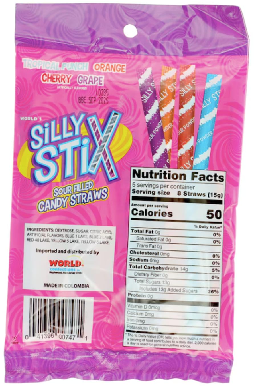 Silly Stix Sour Filled Candy Straws 2.75oz Bag - Tropical Punch, Orange, Cherry, Grape (Pack of 1)