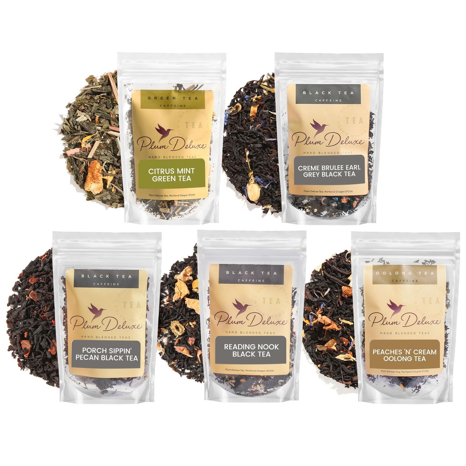 Plum Deluxe Loose Leaf Tea Sampler – 5 Caffeinated Blends – 75 to 100 Cups – Caffeine - 5 Pack Sampler
