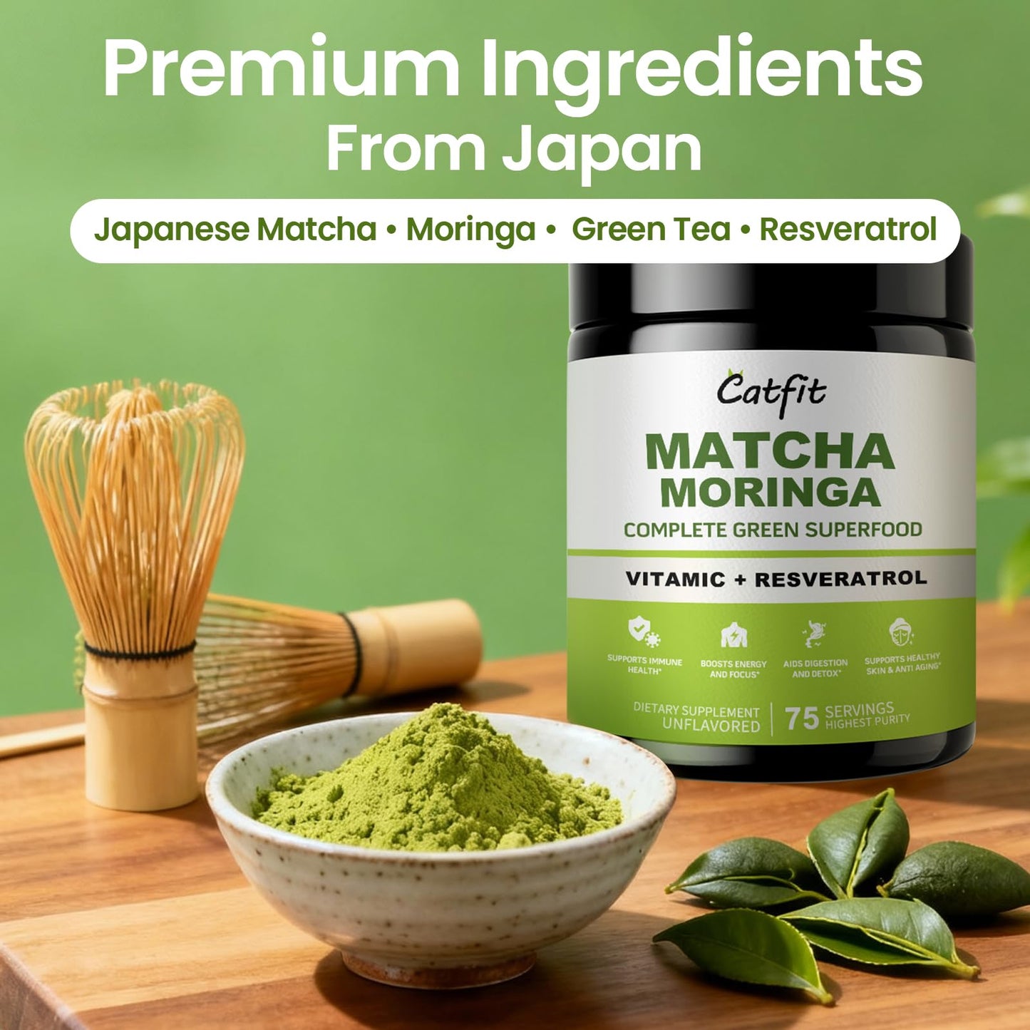 Matcha Powder - Superfood Blend with Moringa & Green Tea & Resveratrol  Energy & Focus Support  Immune & Antioxidant Defense  Vegan  Gluten-Free  8oz
