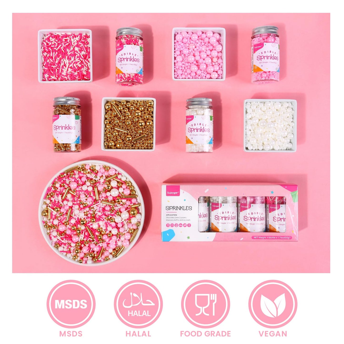 Sprinkles For Cake Decorating, Sujoygar Fancy Sprinkles Set For Cupcake Toppers, White Deluxe Pink Gold Sprinkles Mix For Ice Cr