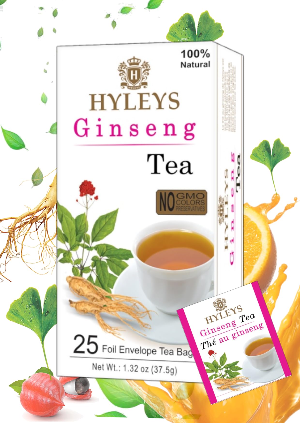 HYLEYS Ginseng & Green Tea with Guarana & Orange Flavor - 25 Tea Bags - Herbal Energy Tea