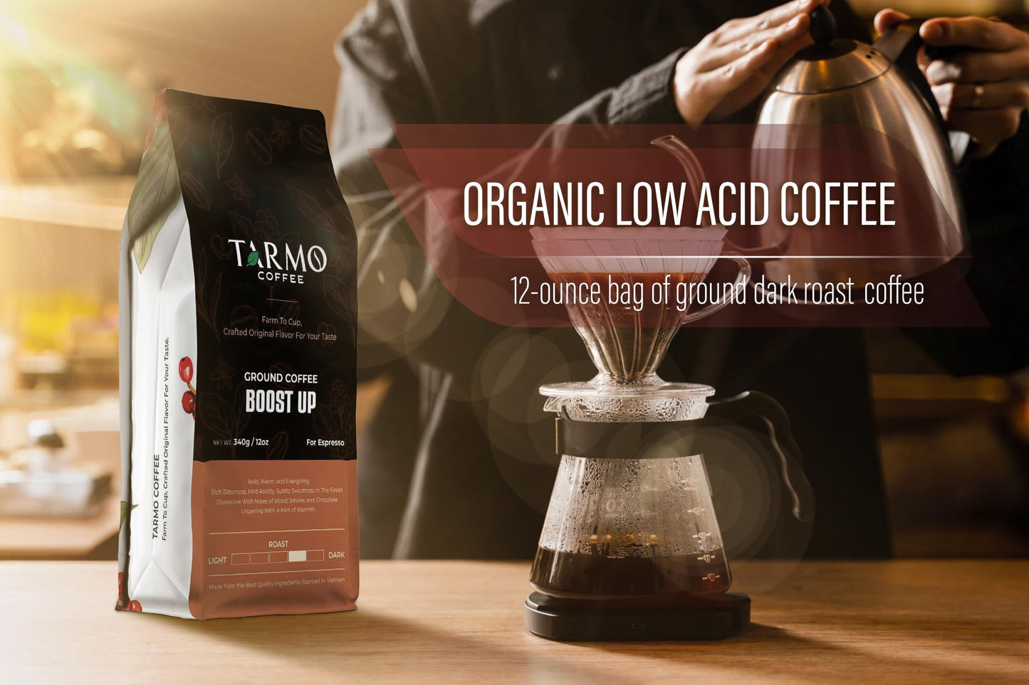 TARMO COFFEE Low Acid Arabica & Robusta Blend Ground Coffee, Dark Roast, High Caffeine, 12 Oz Bag