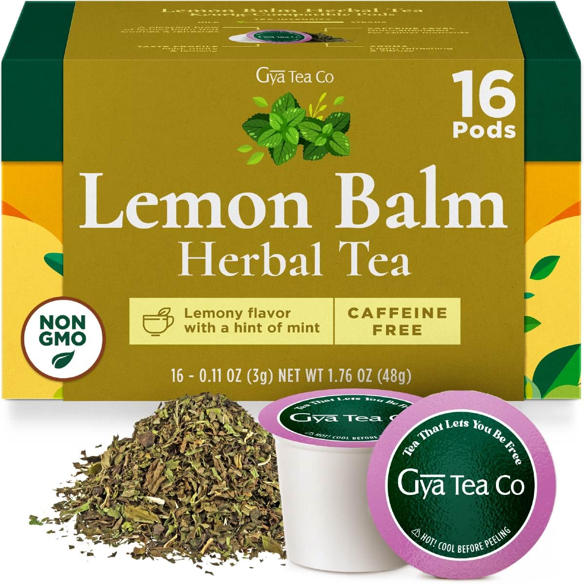 Gya Tea Co Lemon Balm Herbal Tea Pod (16 Count)- Decaf Wellness Tea For Body Comfort & Relaxing