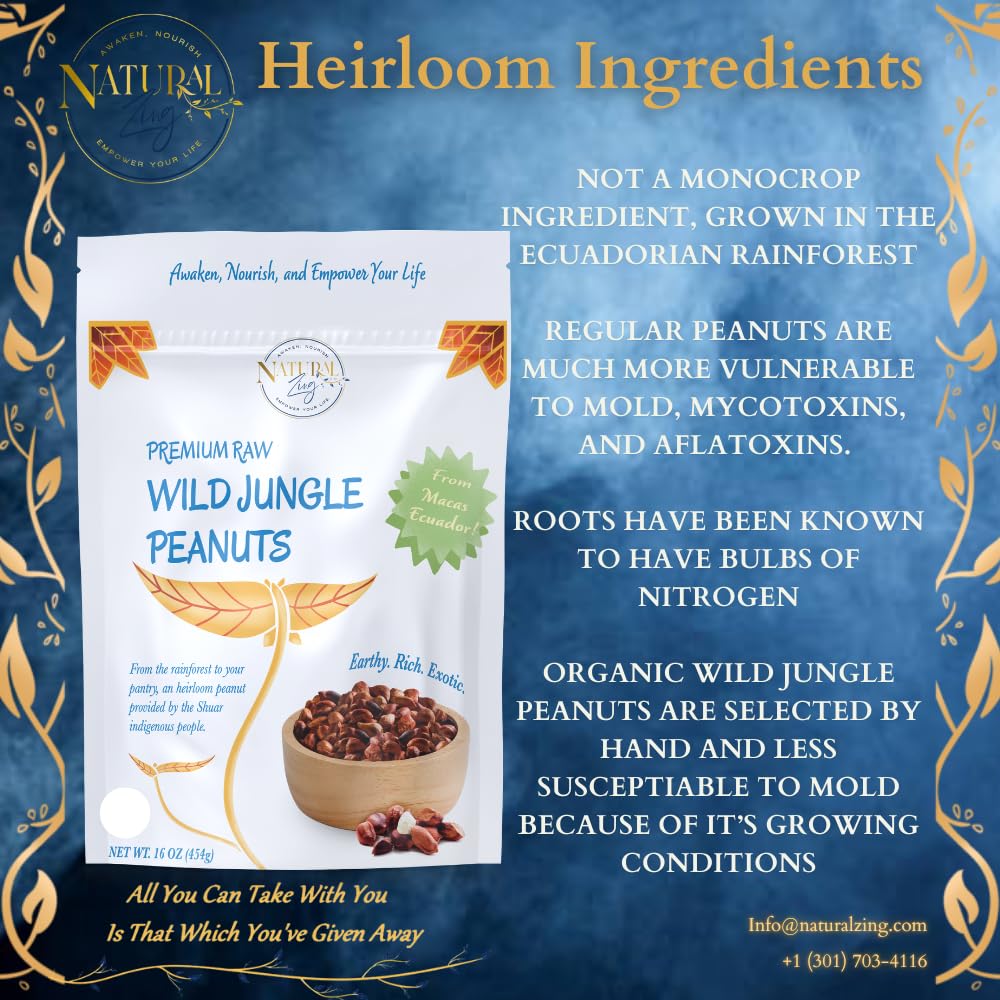 Natural Zing Raw Organicwild Jungle Peanuts - 8 Oz | Healthy Organic Heirloom Peanuts | Rare, Non-Hybridized Ecuadorian Variety