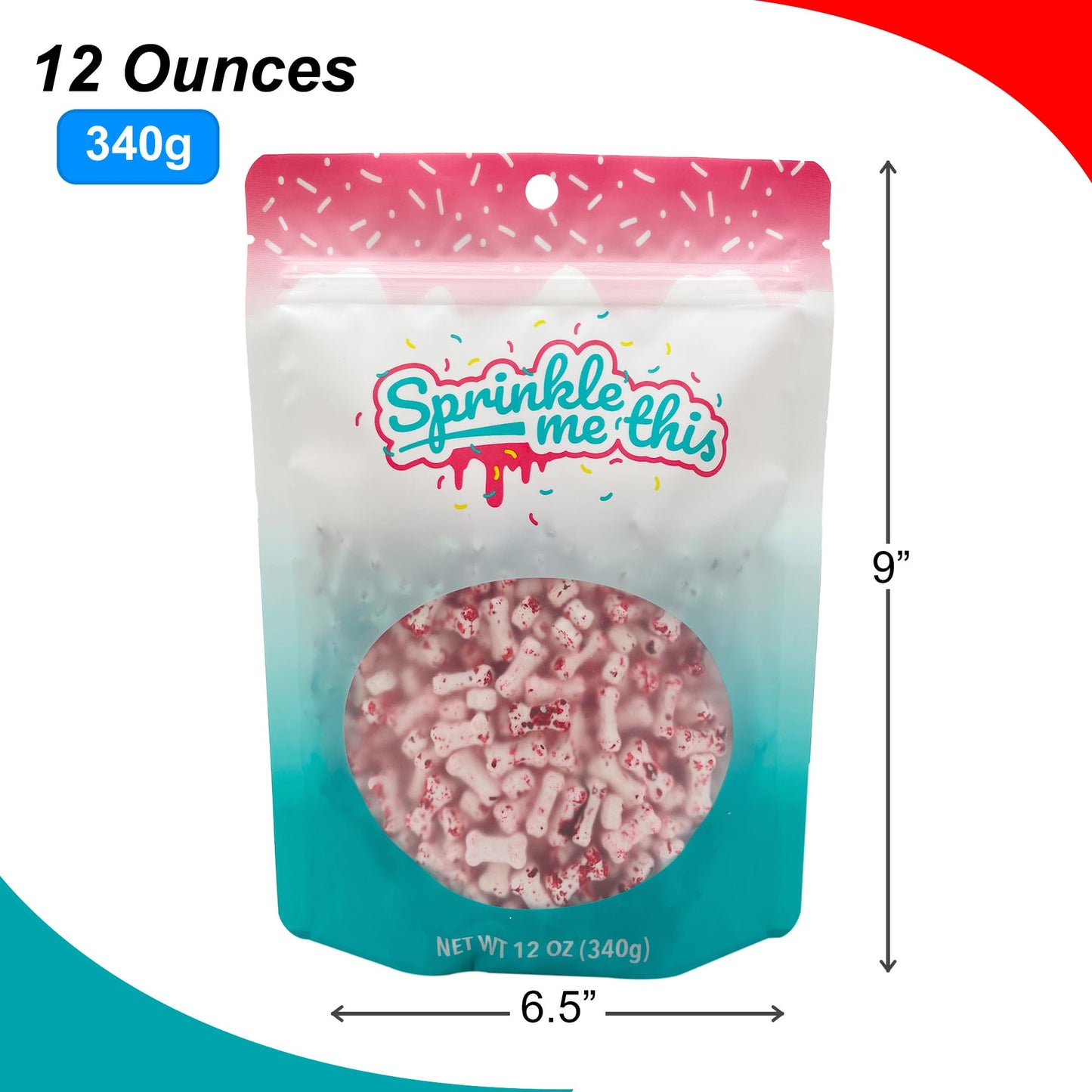 Bloody Bones Treat Toppers - 12 Oz Resealable Stand Up Candy Bag - White Candy Bone Shaped Sprinkles w/Red Splashes - Halloween