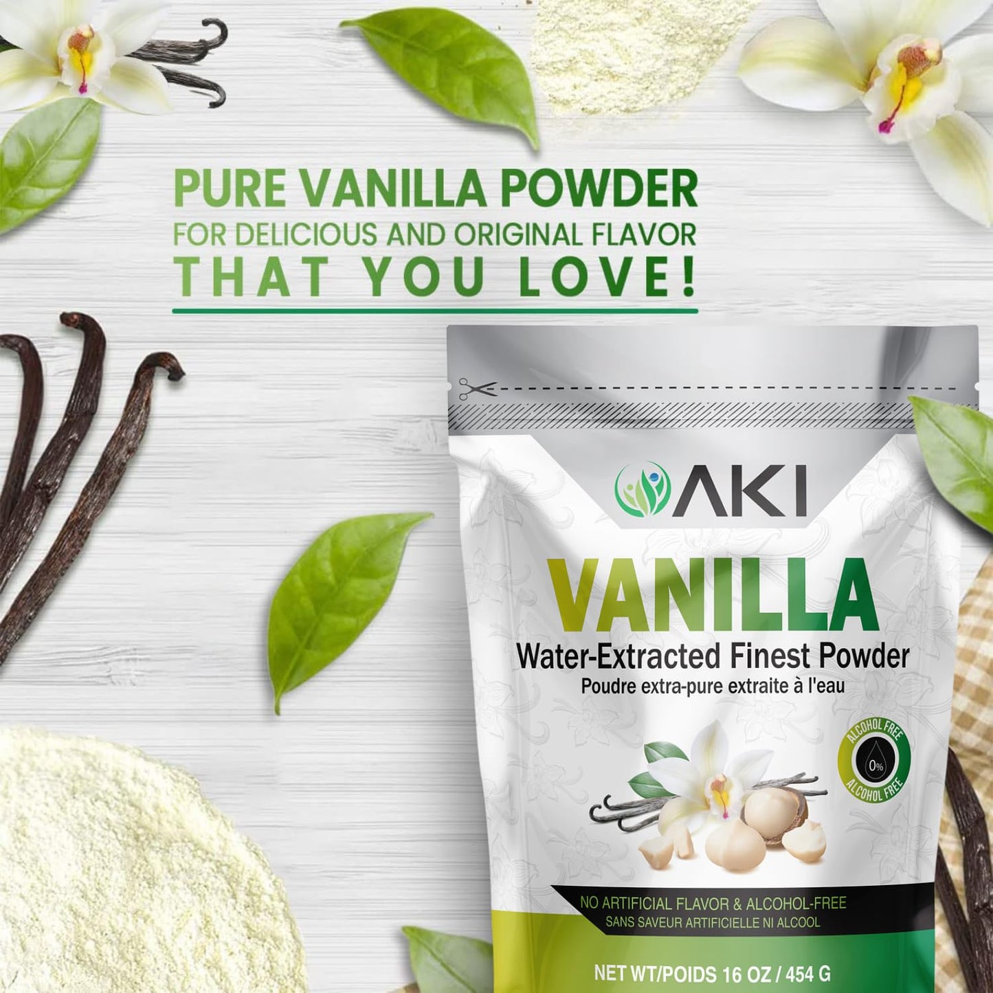 Aki Vanilla Extract Powder From Authentic Beans For Delicious Flavoring, Cooking, Baking, Drinks, Tea, Coffee, Smoothies, Cocktails - Sugar-Free &  -Free (454G/1Lb)