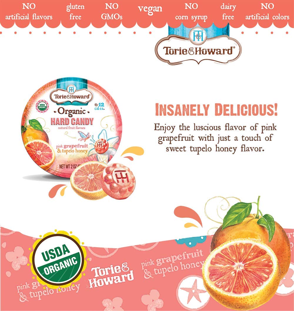 Torie And Howard Organic Hard Candy Tin, Pink Grapefruit And Tupelo Honey, 2 Ounce
