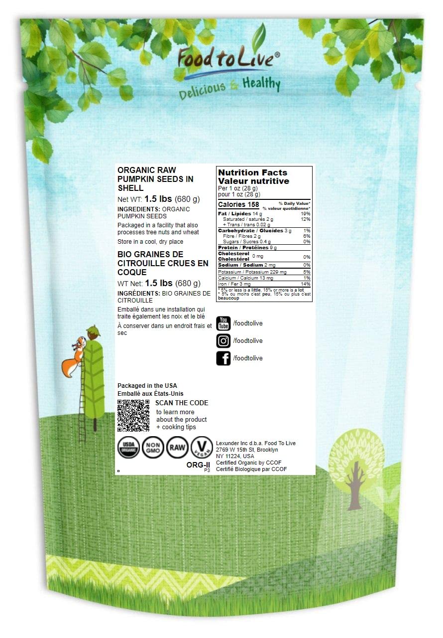 Food To Live Organic Raw Pumpkin Seeds In Shell, 1.5 Pounds - Non-Gmo, Dried, Unsalted, Unroasted, Vegan, Bulk. Good Source Of P
