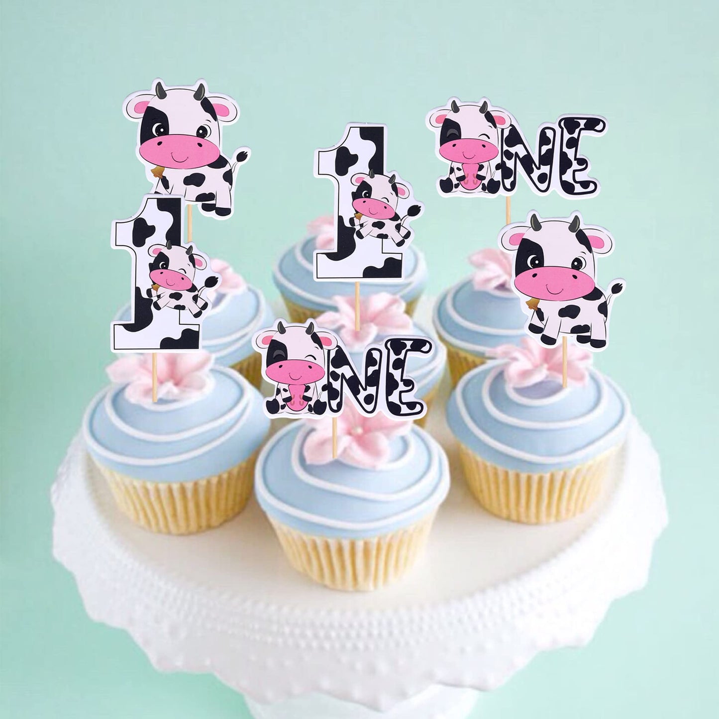 Rssta i Cupcake Toppers - 36 Pack Cow Farm Animals for 1st Birthday Baby Shower, Paper, Design 2, Model XM250-one