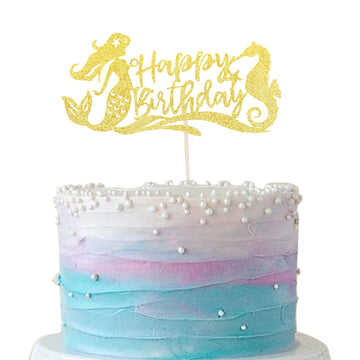 1 Pcs Mermaid Theme Happy Birthday Cake Topper With Seahorse Glitter Under The Sea Cake Pick Decorations For Mermaid Theme Kids