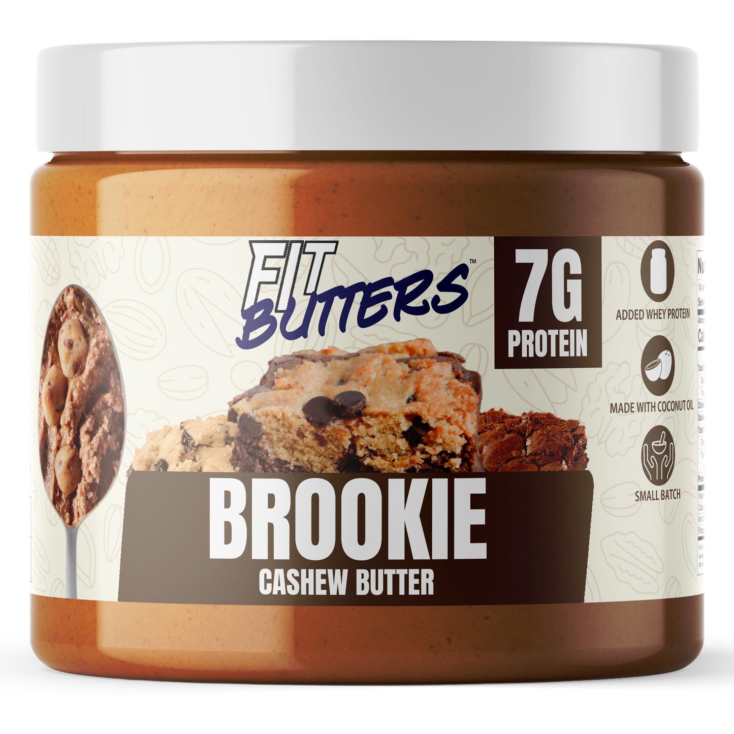 Fit Butters Brookie Cashew Butter - Added Protein and Coconut Oil, Low Carb, Low Sugar, Complete Protein Dessert Flavored Nut Bu