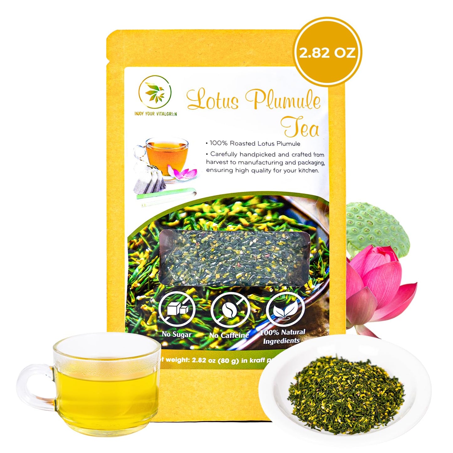 INJOY YOUR VITALGRI:N Dried Lotus Plumule Tea - Refreshing, No Additives, 2.82 Oz, Vacuum Sealed, Caffeine-Free, Vietnamese Roasted Lotus Seed