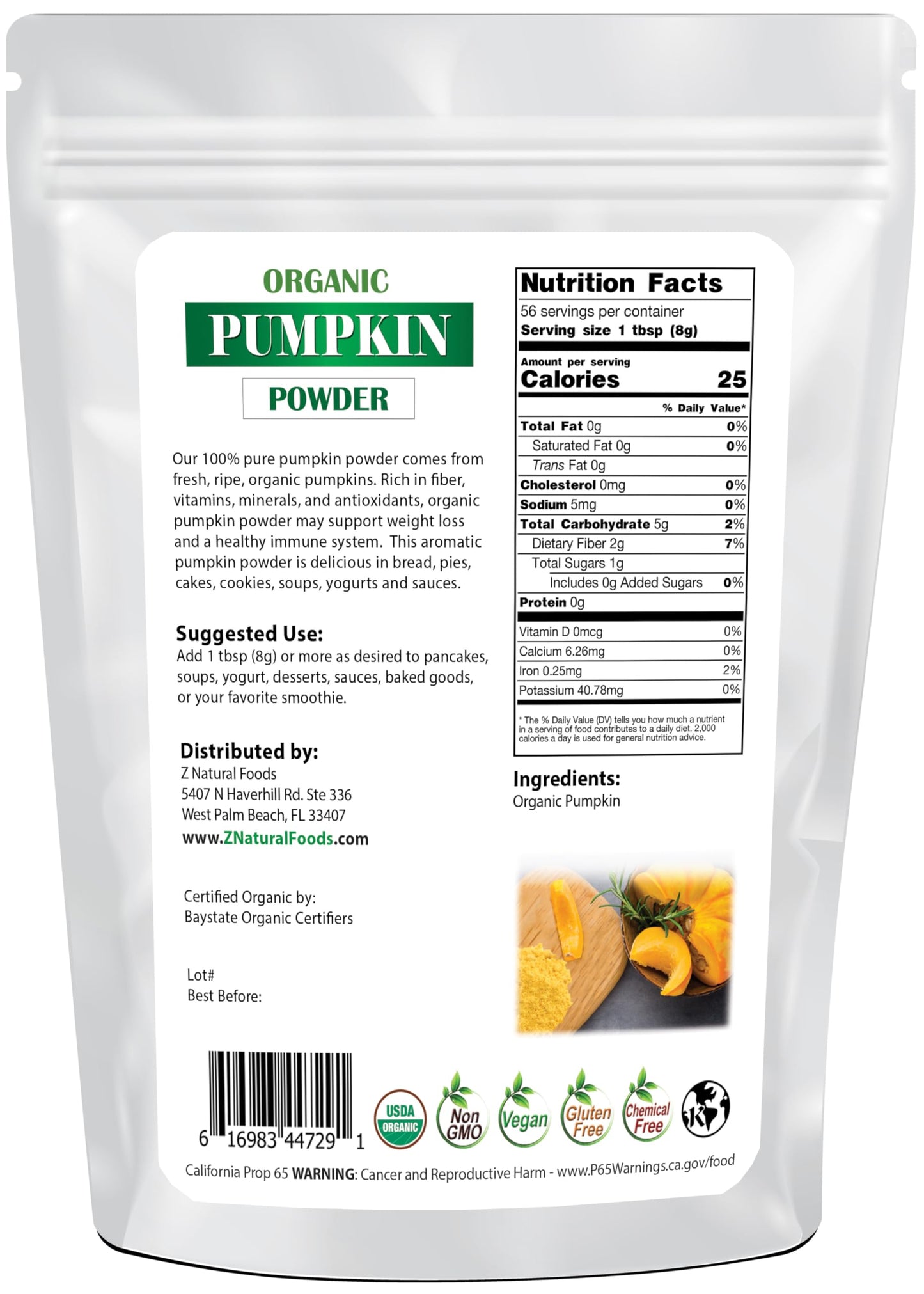 Z Natural Foods Organic Pumpkin Powder - 16 Ounce - Gluten Free, Kosher, Vegan