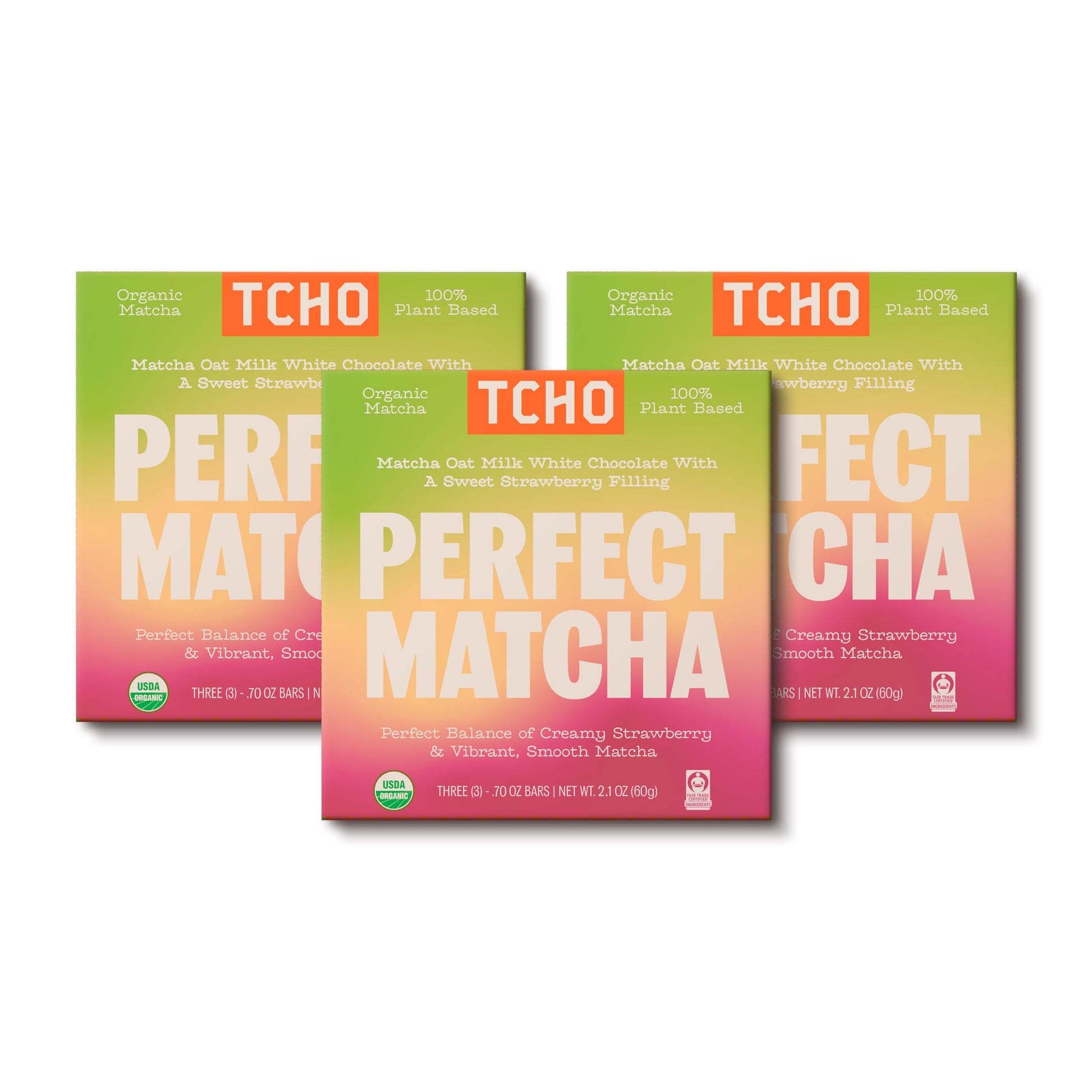 TCHO Perfect Matcha Chocolate Bar 3 Pack - Organic Oat Milk Chocolate with Matcha Shell and Strawberry Filling - Plant-Based Non