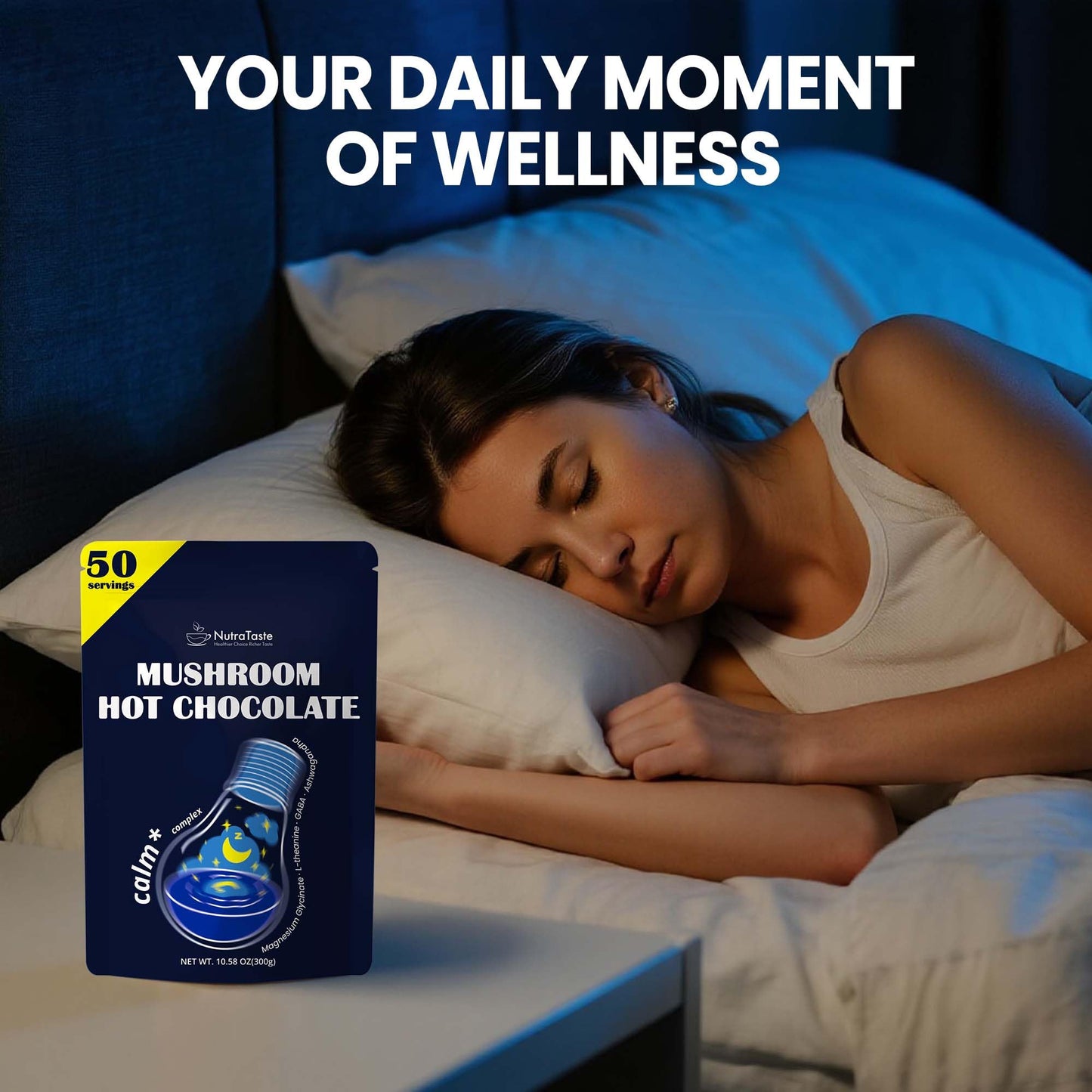Mushroom Hot Chocolate for Calm, 50 Servings Cocoa Powder | 10 Mushrooms Supplements with Magnesium Glycinate, L-Theanine, Ashwa