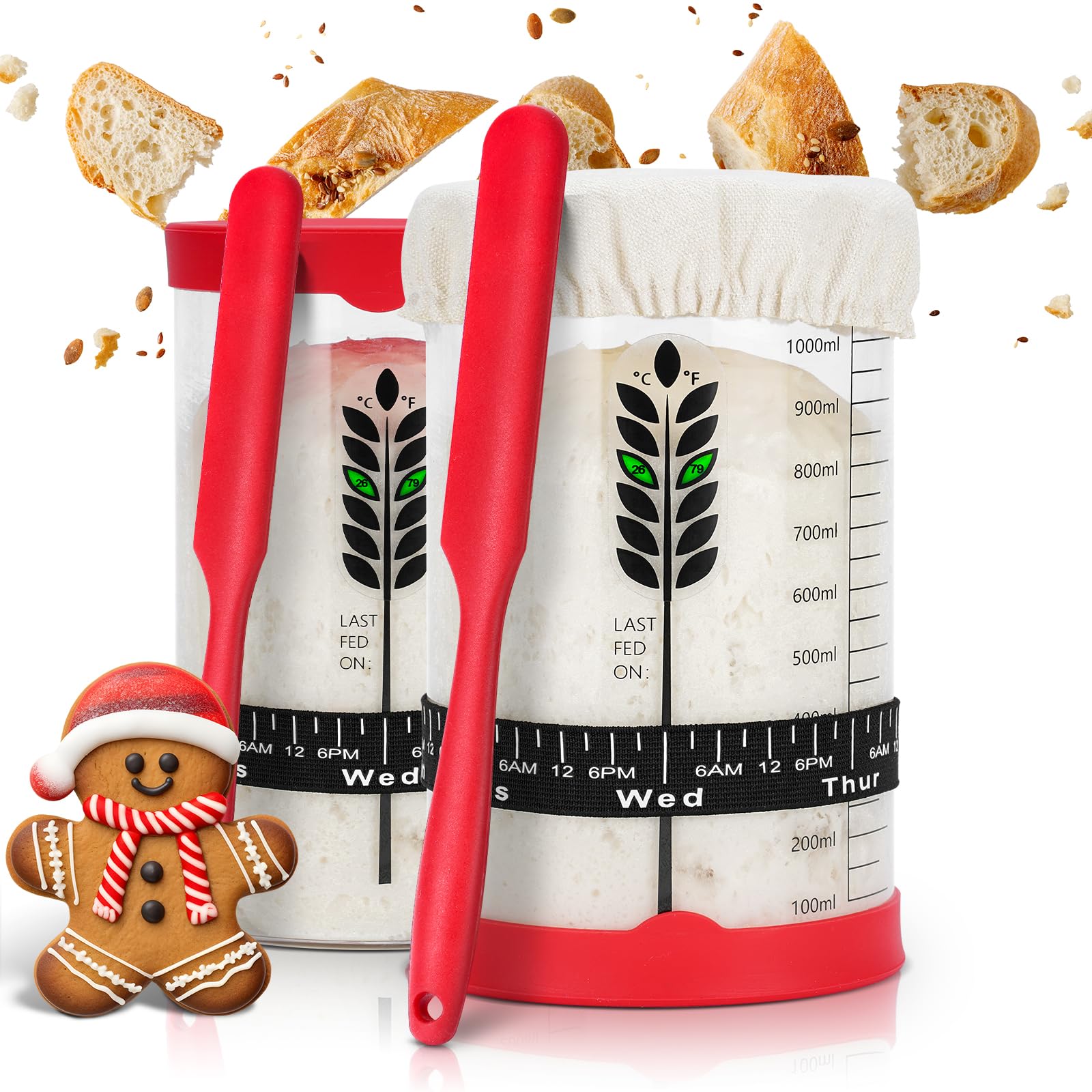 Tanedar Sourdough Starter Jar Kit, 40OZ Glass, 2 Pack with Thermometer Strips & Scraper, Model TD-SSR-Jar