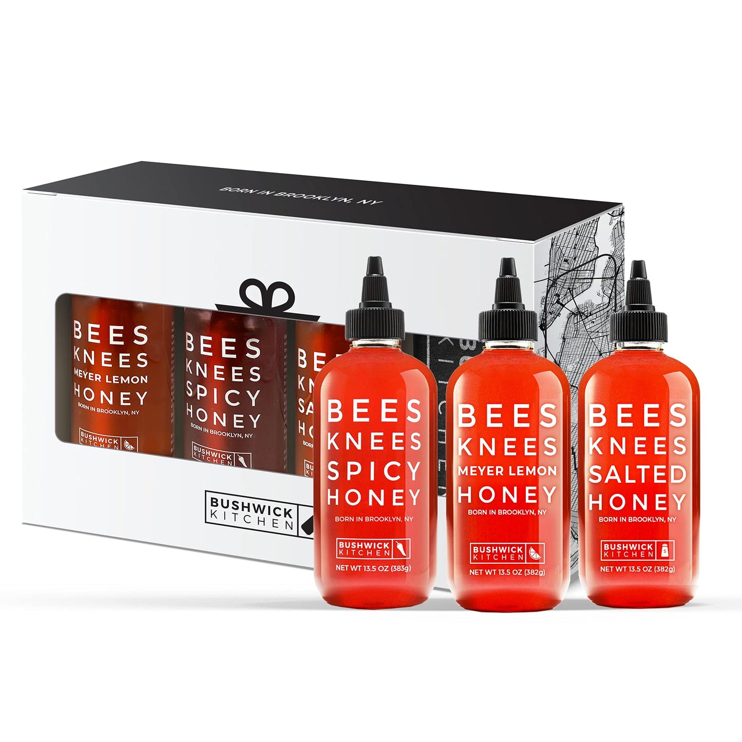 Bushwick Kitchen Bees Knees Honey Sampler Gift Box, Set Includes Spicy Honey, Meyer Lemon Honey, Salted Honey Sauces, Honey Inspired Recipes, Bushwick Kitchen Tea Towel, And Ready-To-Gift Box