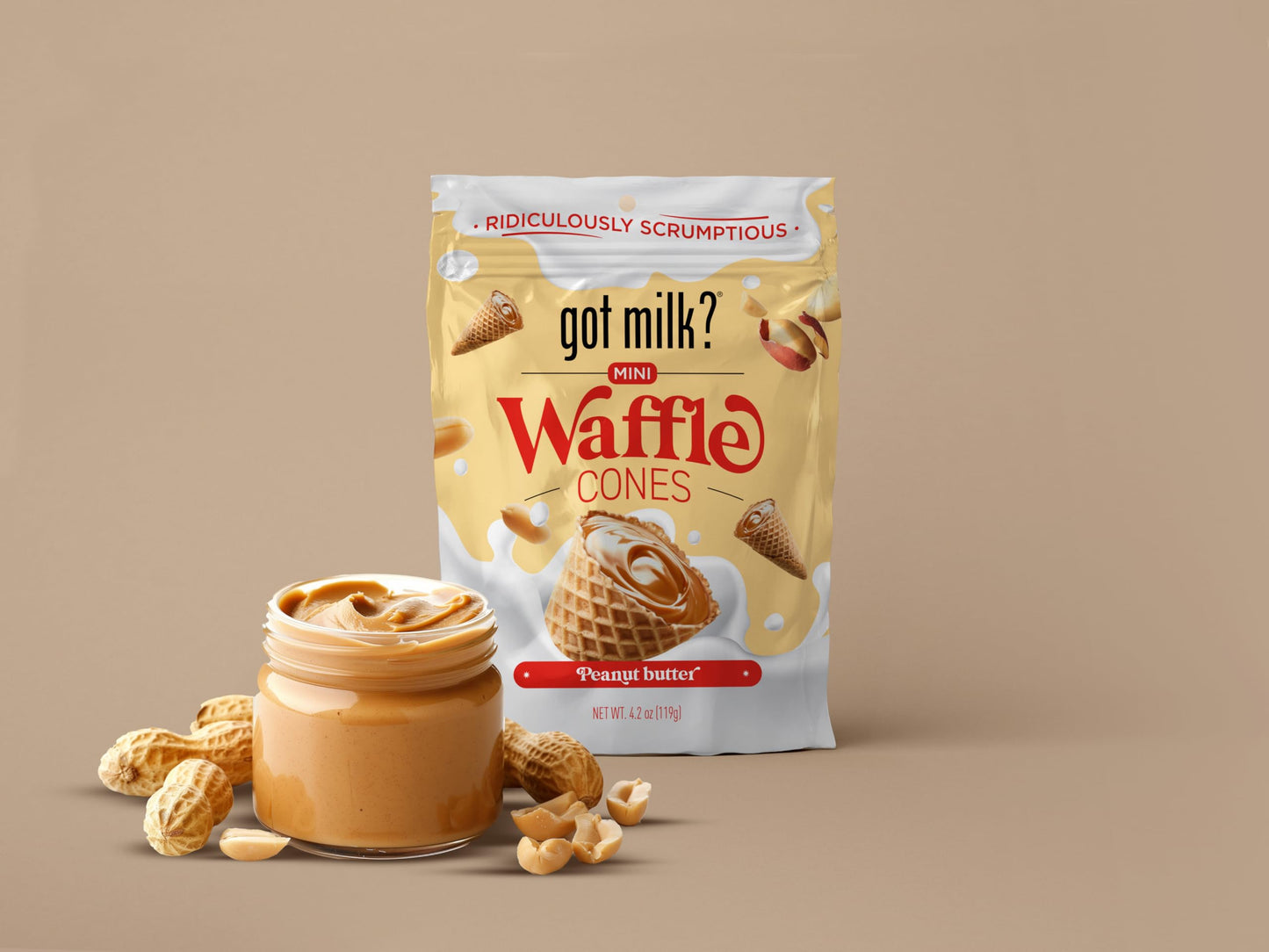 Got Milk Mini Waffle Cones, Peanut Butter, 4.24 Oz. / 119G Resealable Bag, Delicious Peanut Butter Filled Waffle Cone Bites, Mi