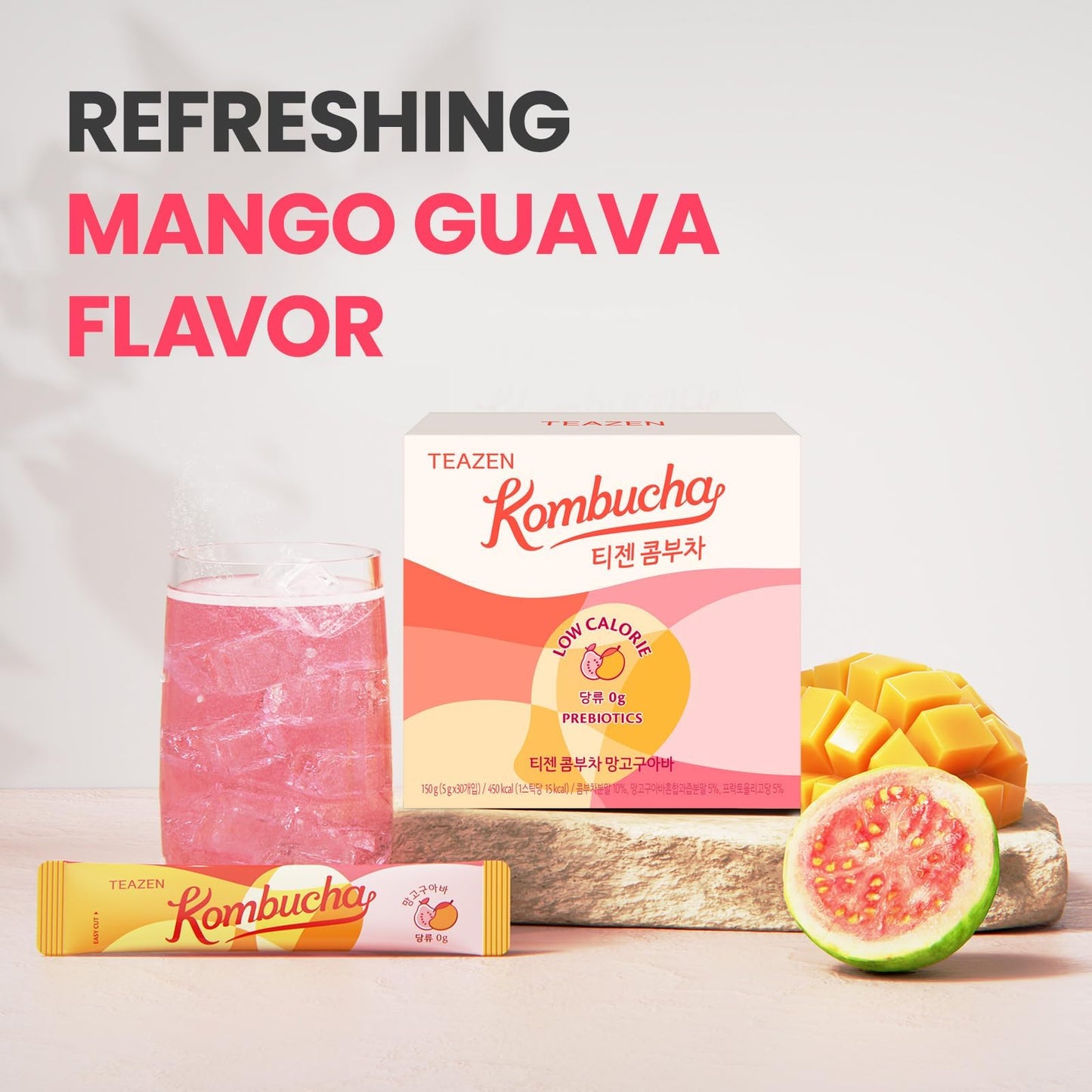 TEAZEN Mango Guava Kombucha Tea, Sugar Free, Live Probiotics, 30 Servings, Hydration Drink Mix