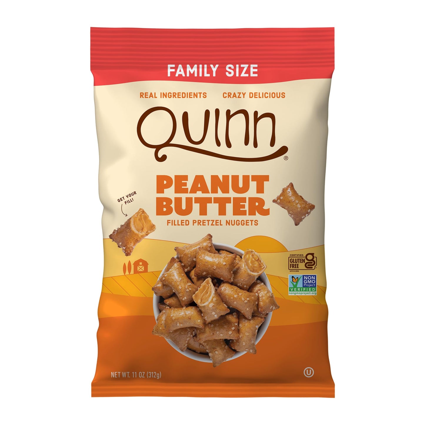 Quinn Peanut Butter Filled Pretzel Nuggets, Gluten Free, Corn, Soy, Dairy Free & Vegan Friendly, Non-GMO, Family Size 11 oz - 4