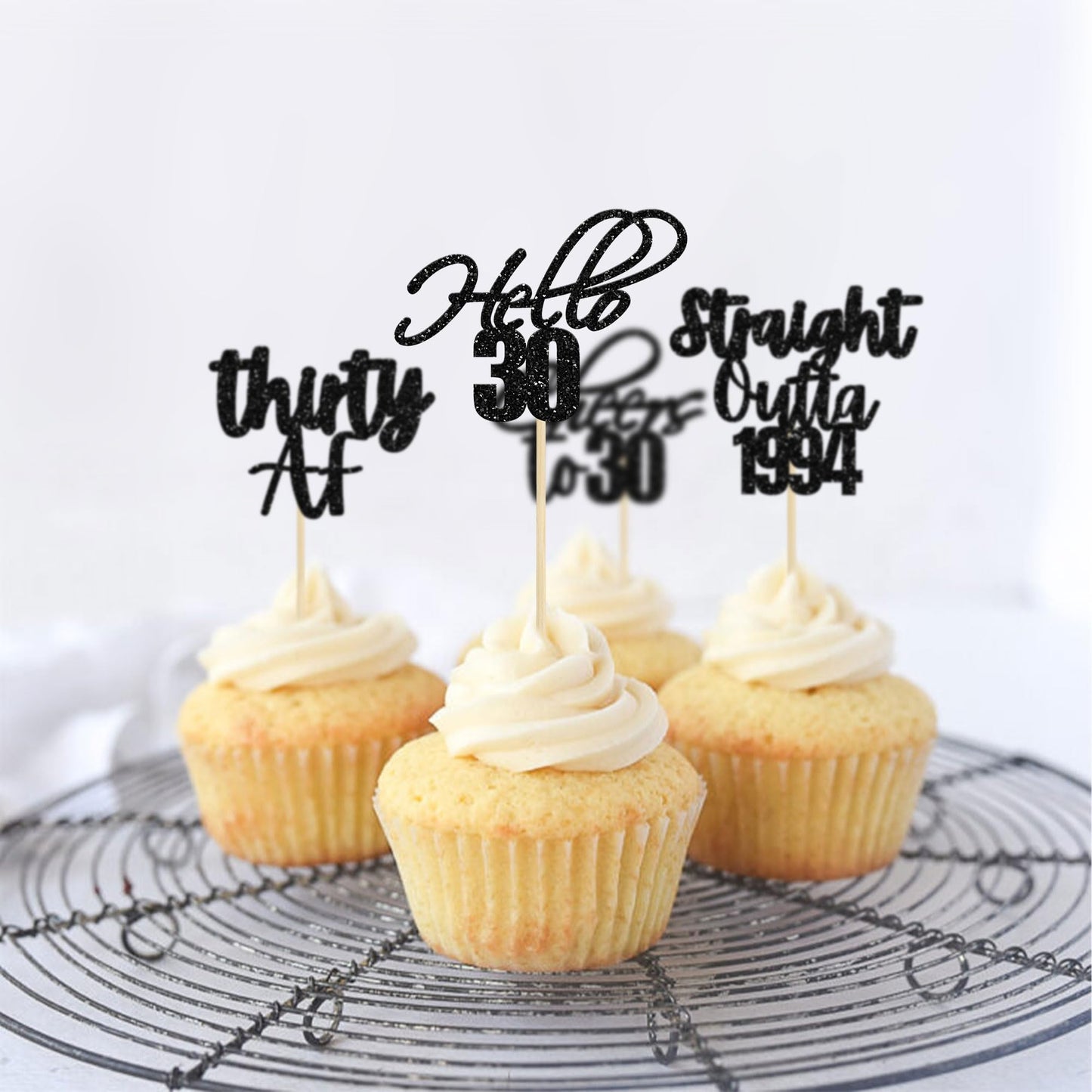 Gyufise 48 Pack Black Glitter Hello 30 Cupcake Toppers Glitter Thirty Cheers To 30 Straight Outta 1994 Cupcake Picks For 30Th Bi