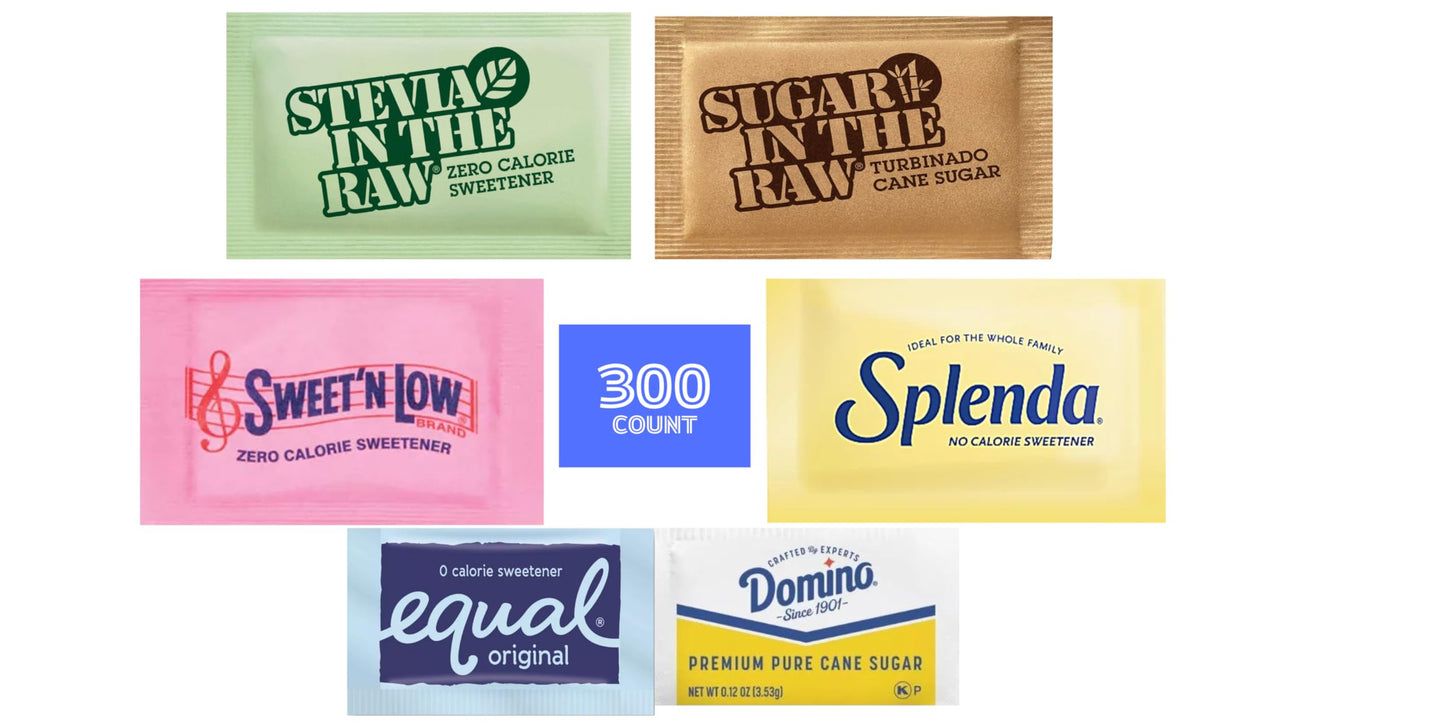 300 Count | Sugar and Sweetener Packets | Sugar Substitute | Pure Cane Sugar | Turbinado Sugar In The Raw | Brown and White Bulk