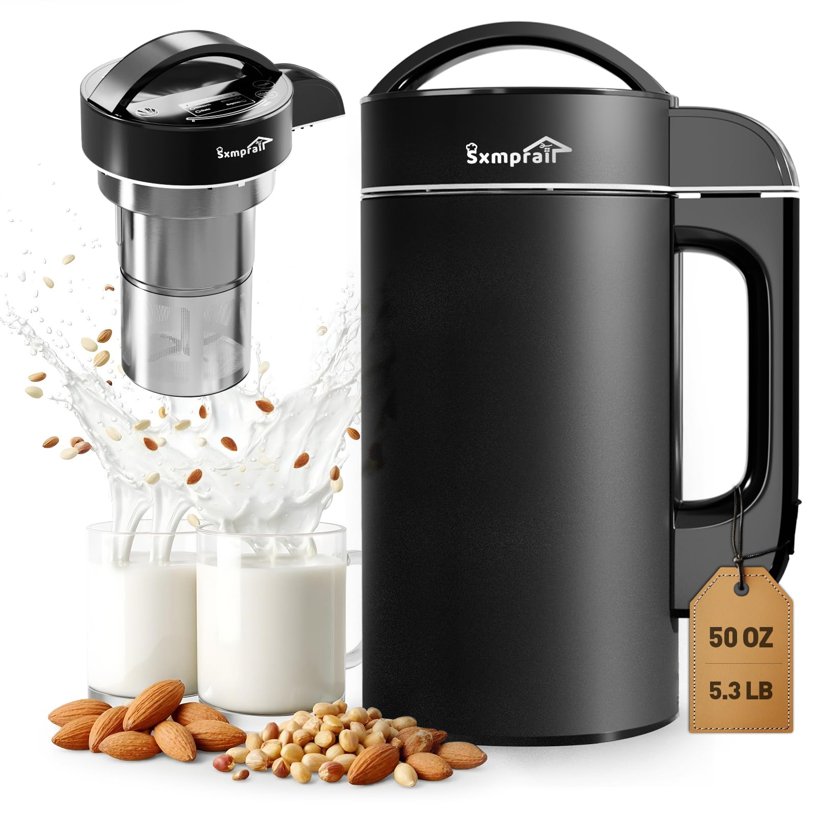 Sxmprail Almond Milk Maker 50oz 304 Stainless Steel Automatic Cleaning Black S4208A