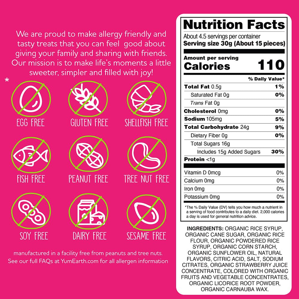 YumEarth Organic Gluten Free Strawberry Licorice Snack Packs - Allergy Friendly, Gluten Free, Non-GMO, Vegan, No Artificial Dyes