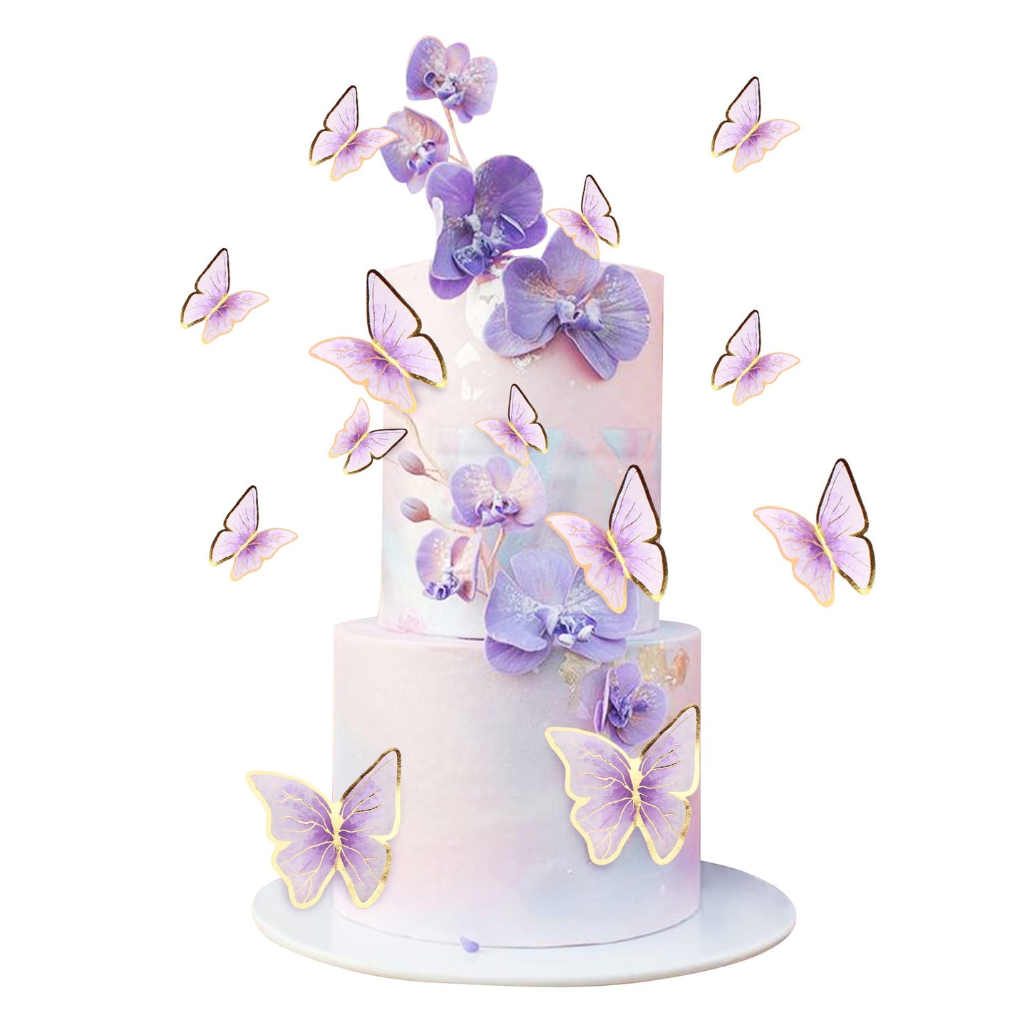 Cyodoos 30Pcs Purple Gold Edge Mixed Size Lively 3D Waterproof Butterfly Cupcake Topper For Girls Women'S Happy Birthday Wedding