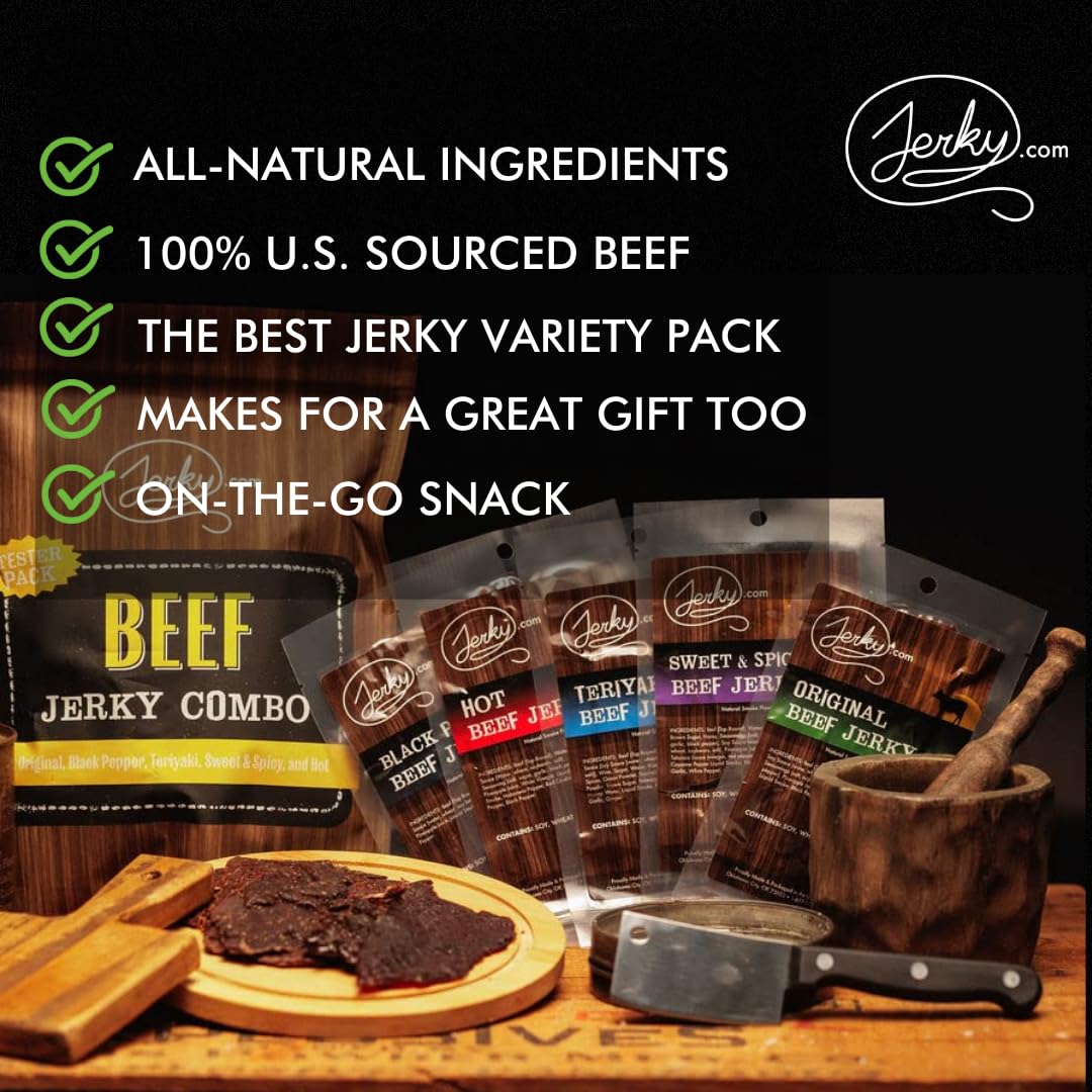 Jerky.Com Beef Jerky Variety Sampler Pack Original, Black Pepper, Teriyaki, Sweet & Spicy, Hot - Flavorful Meat Snack - Made Wit