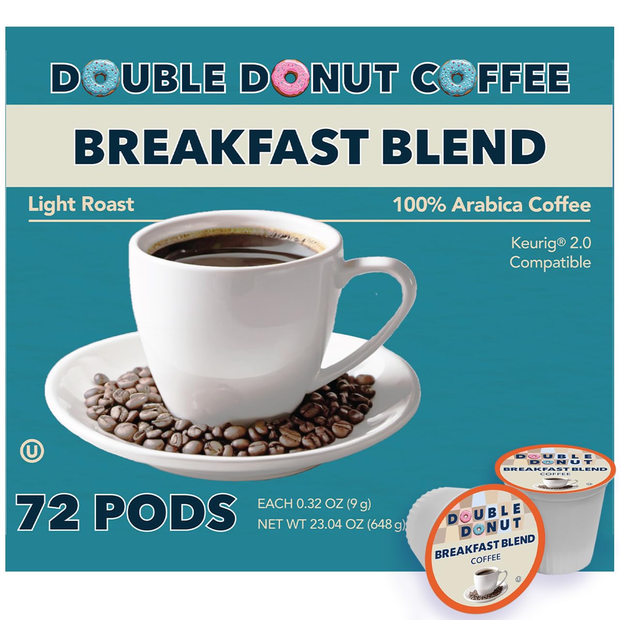 Double Donut Coffee Breakfast Blend Pods, Light Roast, Recyclable, 72 Count Bulk Pack for Keurig K Cups