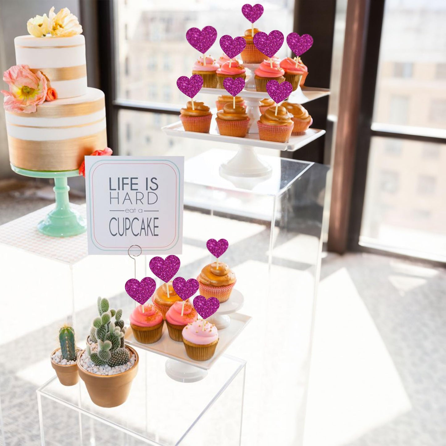 Gyufise Heart Cupcake Toppers, 30Pcs Glitter Picks for Valentines Day, Purple Cake Decorations