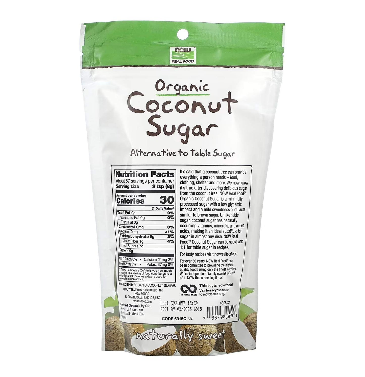 NOW Foods, Certified Organic Coconut Sugar, Alternative to Table Sugar, Low Glycemic Impact, from Sustainably Harvested Coconuts