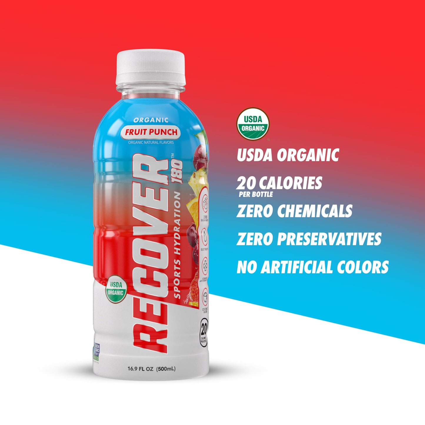 RECOVER 180 Organic Sports Hydration Drink, No Sugar, 15 Cal, Fruit Punch, 16.9 Fl Oz (Pack of 12)