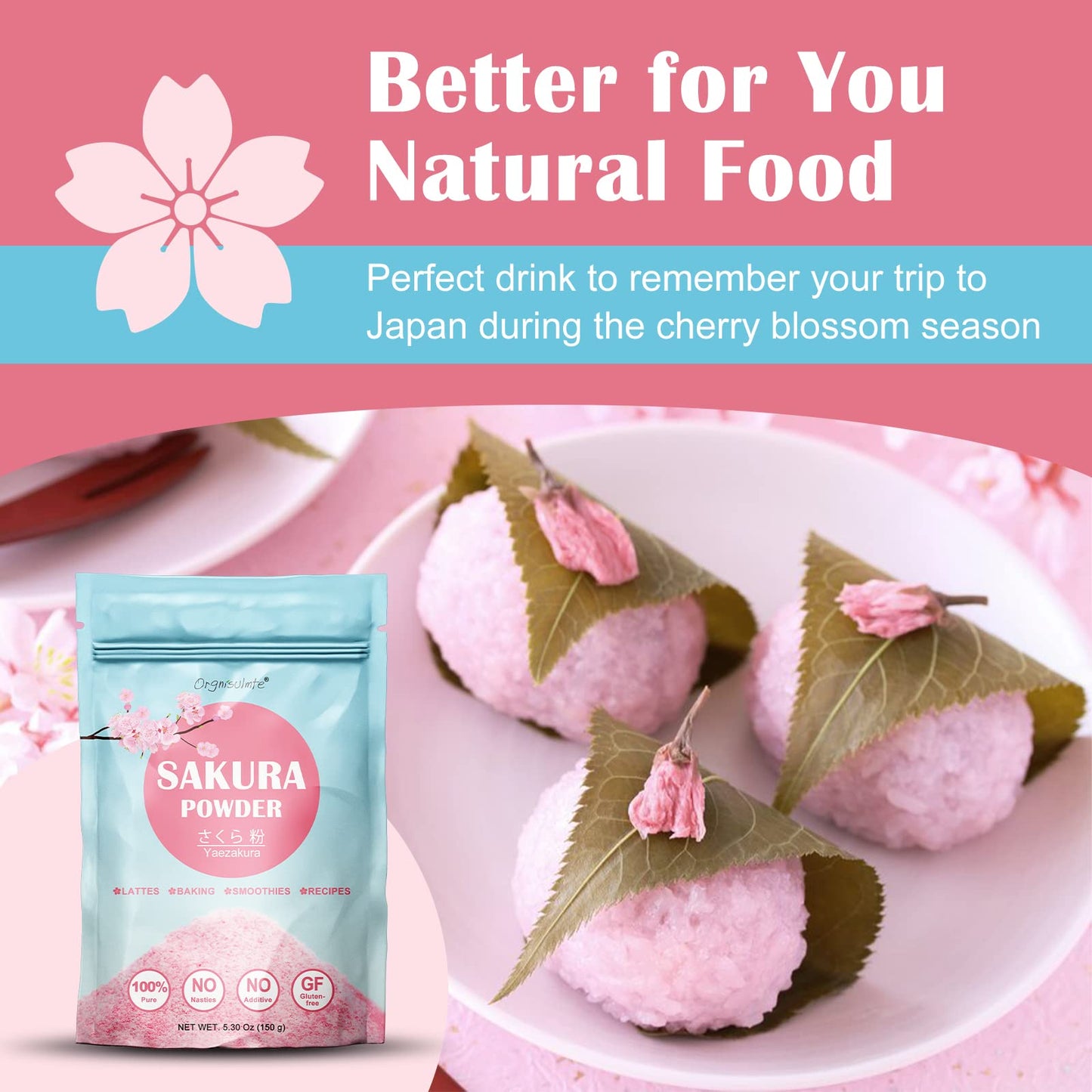 Orgnisulmte Sakura Powder 100% Japanese Cherry Blossom, Sakura Latte Gluten-Free, Keto Friendly, Made In Japan 5.3 Oz (150G)