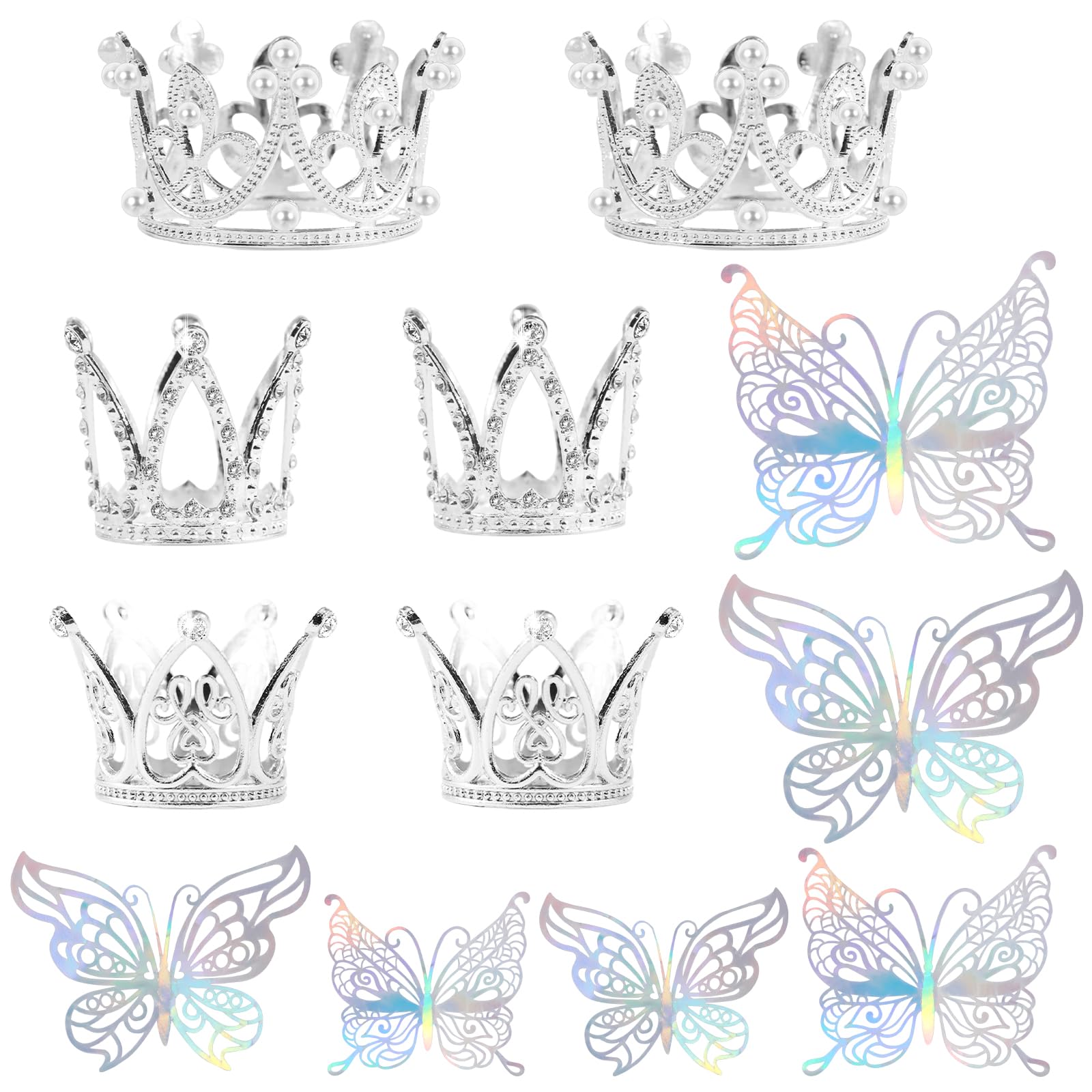30 Pieces Mini Crown Cake Topper Small Silver Crown Mini Tiara With 3D Silver Butterfly Decoration For Flower Arrangements Crown