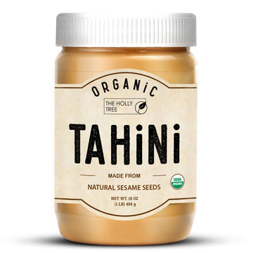 Organic Tahini Paste 16 oz (1lb) - Unhulled White Sesame Tahini Dressing - USDA Certified  Gluten Free  Kosher - Creamy Organic Tahini Sauce for Dressigns  Dips  Spreads & Hummus - The Holly Tree