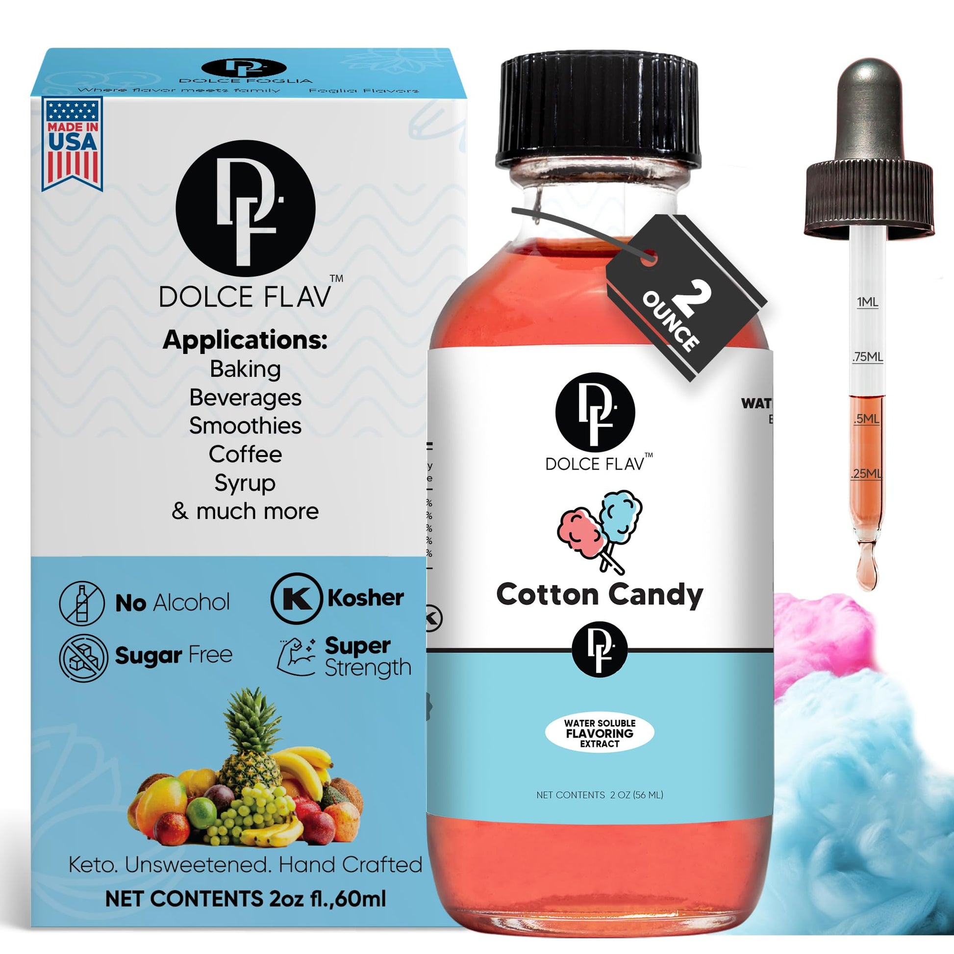 Dolce Flav Cotton Candy Extract - 2 Ounce Water-Soluble Multipurpose Flavoring Ideal for Baked Goods, Beverages, Coffee, Dessert