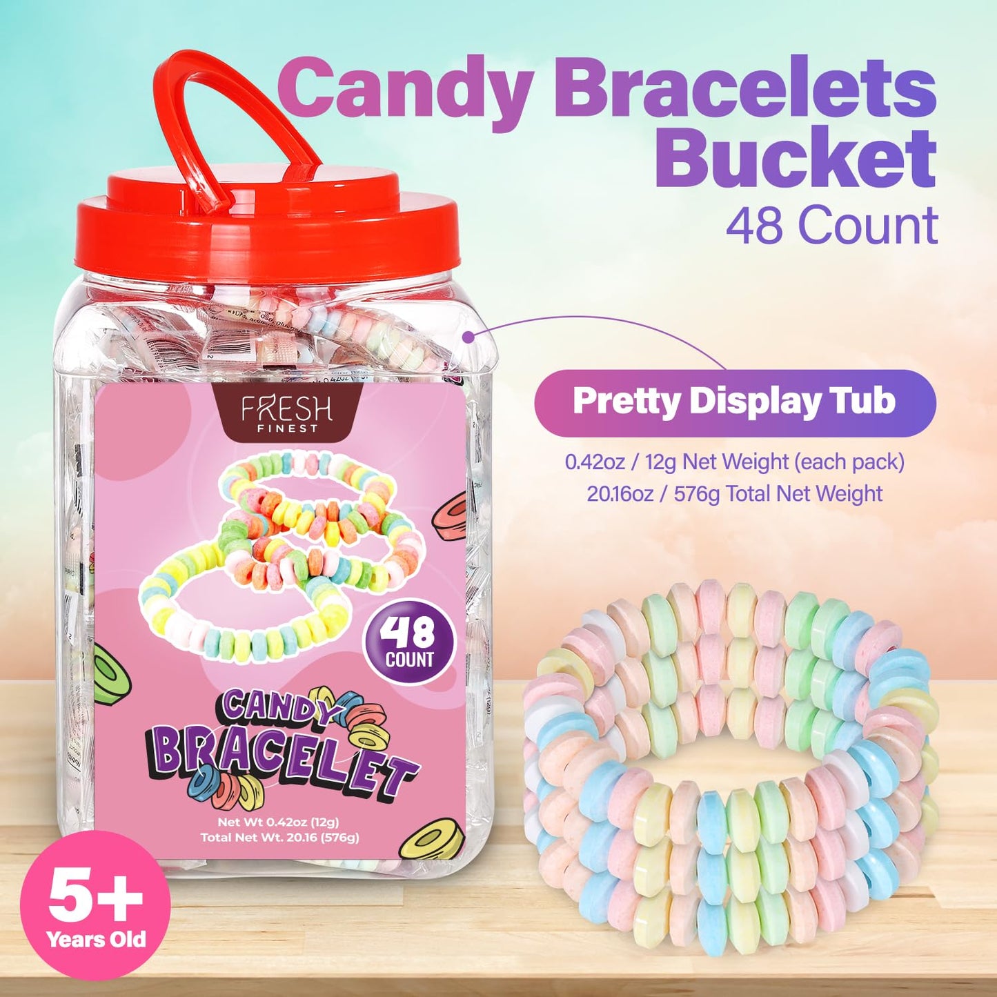 Fresh Finest 48-Count Bulk Candy Bracelets - Individually Wrapped Novelty Candy for Party Favors & Goody Bags