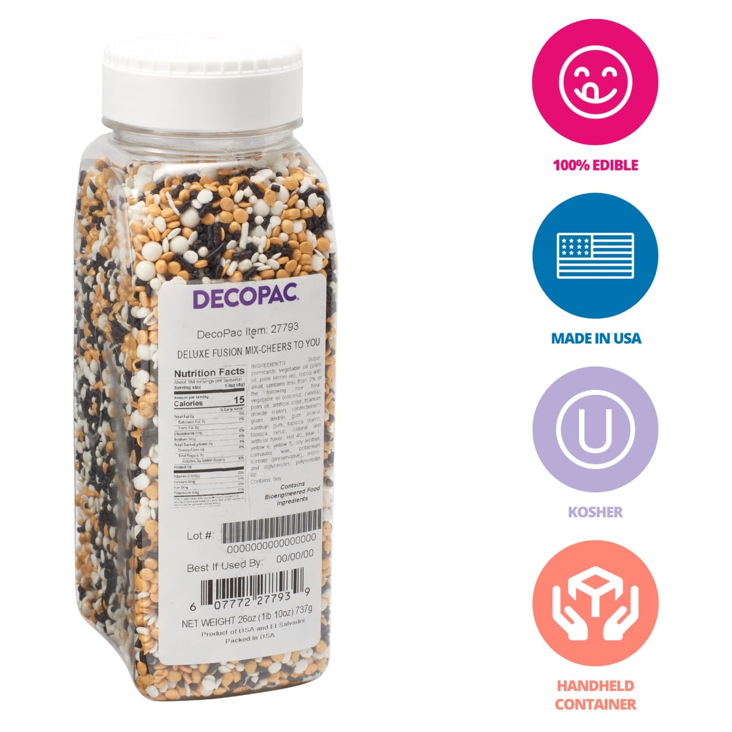 Decopac Cheers To You Deluxe Fusion Mix Candy Sprinkles, 26Oz, Fancy Sprinkles In Handheld Container, Edible Sprinkles For Celebration Cakes, Cupcakes, Cookies And Donuts