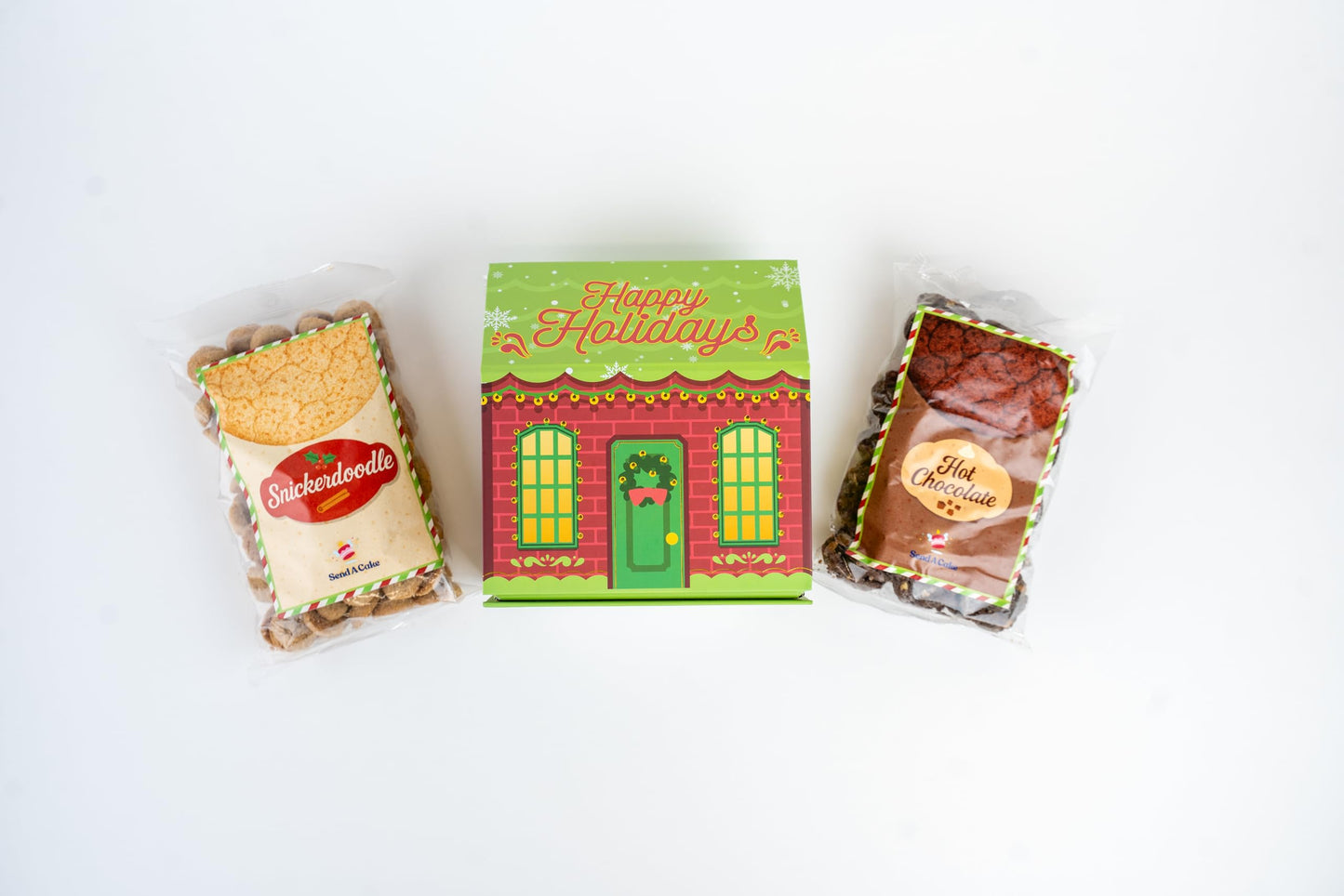 Christmas Cookie House Gift Box With 2 Cookie Flavors Inside By Send A Cake – Hot Chocolate & Snickerdoodle Sugar Cookies – Festive Holiday Gift For Women, Men, Sister, Mom, Dad, Best Friend, Mature-Themeds, Kids