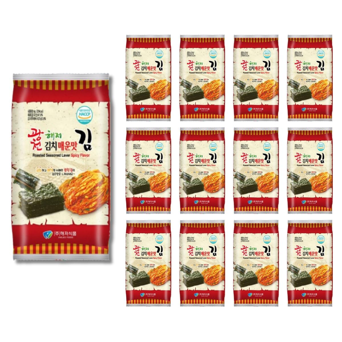Korean Crispy Seaweed Snacks, Kimchi Spicy Flavor - 12 Individual Sheets Roasted Nori, Vegan, Gluten-Free, 100% Natural Laver